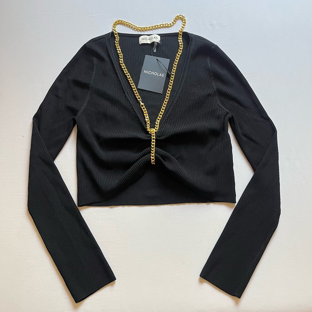 NWT NICHOLAS black rib knit v neck gold chain detail cropped long sleeve top